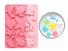 Molde silicona tricolor rosa 12 figuras marinas planas